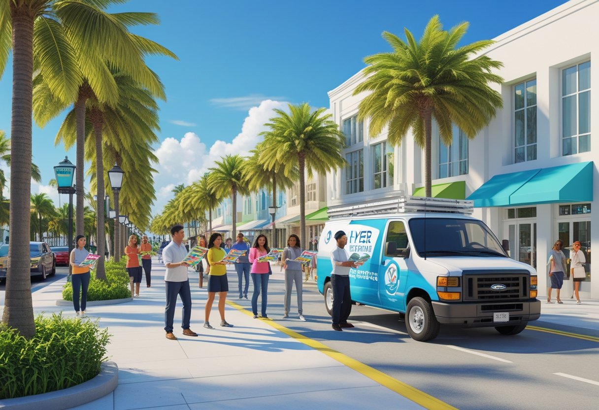 People handing out flyers on a sunny street in West Palm Beach with palm trees and a delivery van nearby.