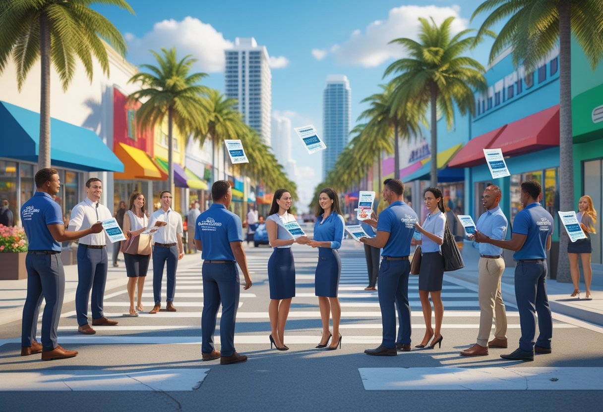 A busy city street with people handing out and receiving flyers among pedestrians near palm trees and storefronts.