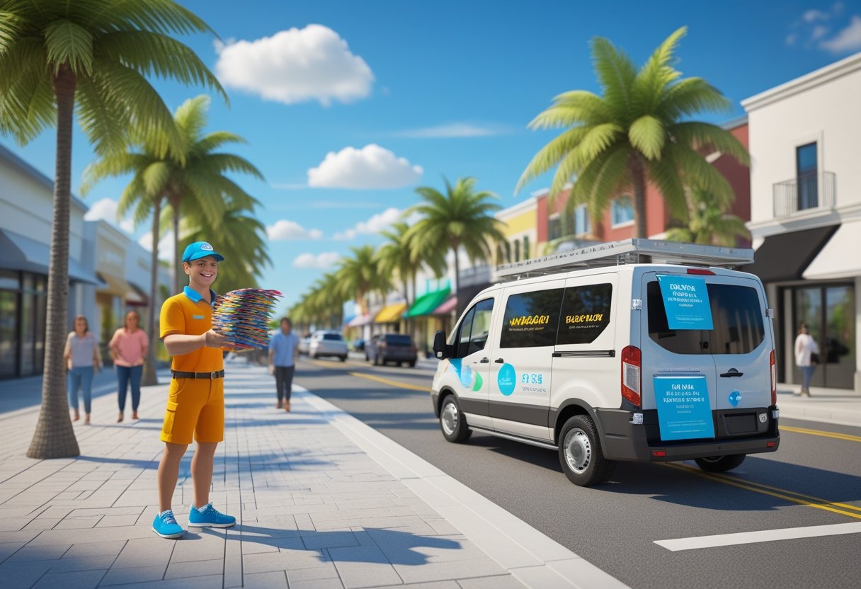 A delivery person handing out flyers to pedestrians on a sunny city sidewalk near palm trees and a parked van.