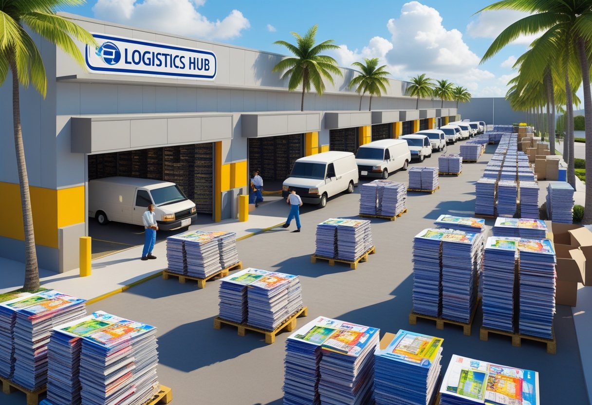 A warehouse with workers sorting and packing flyers, delivery vans parked outside, surrounded by palm trees under a clear sky.