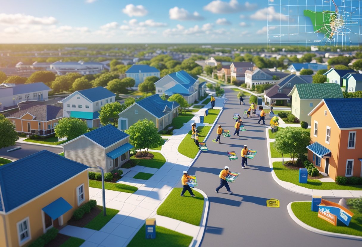 A 3D scene showing delivery workers distributing flyers in a neighborhood with houses, businesses, and a city map overlay in the sky.