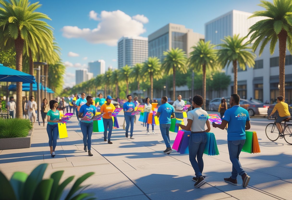 People handing out colorful flyers to pedestrians on a busy Orlando city street near a park with palm trees and buildings.