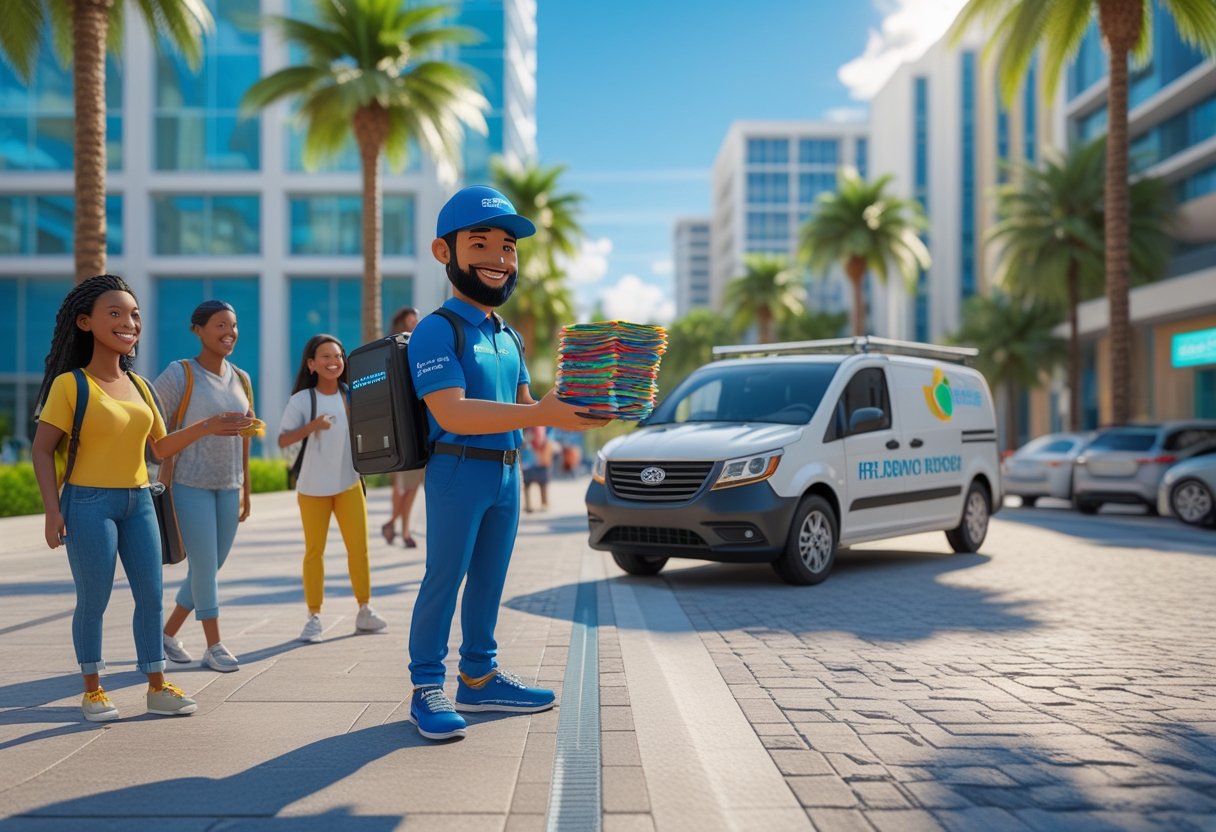 A delivery person handing out flyers to people on a sunny street in Orlando with palm trees and modern buildings in the background.