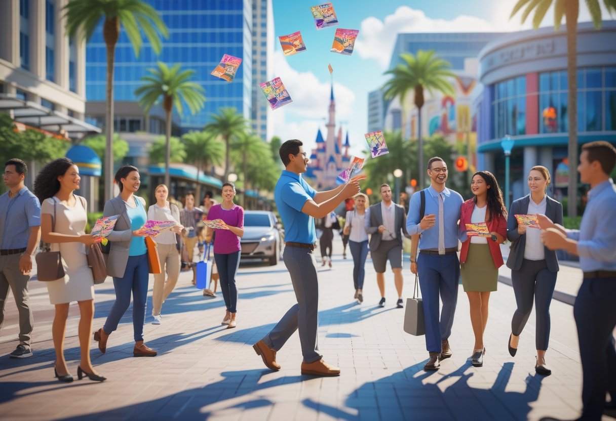 A person handing out flyers to people on a busy street in Orlando with buildings and palm trees in the background.