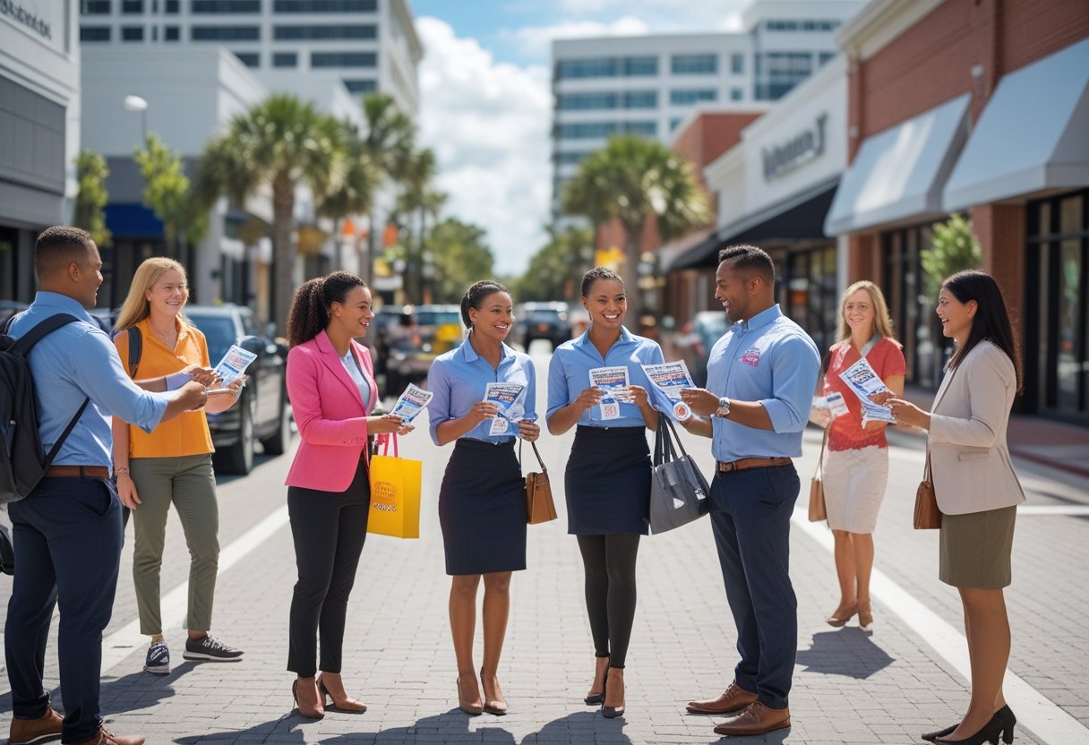 People distributing flyers to pedestrians on a busy city street in Jacksonville.