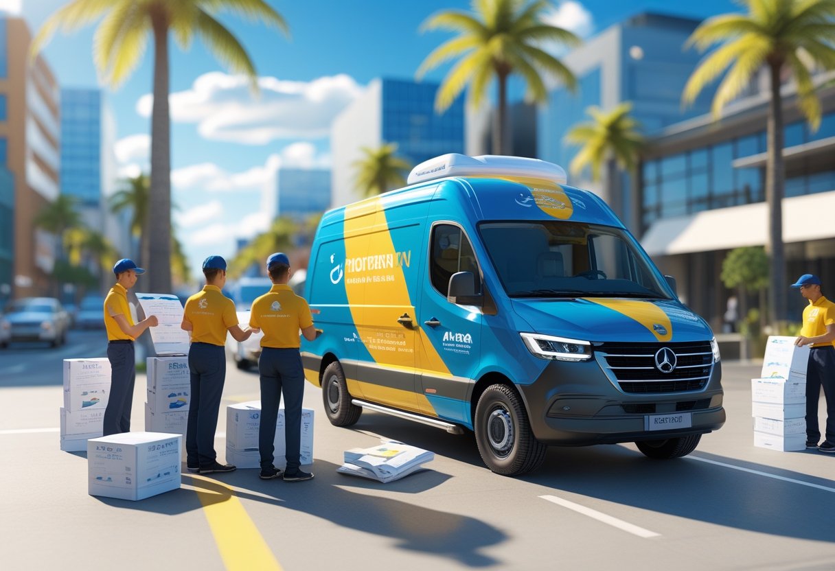 A delivery van parked on a sunny city street with workers handling flyers and packages near palm trees and modern buildings.