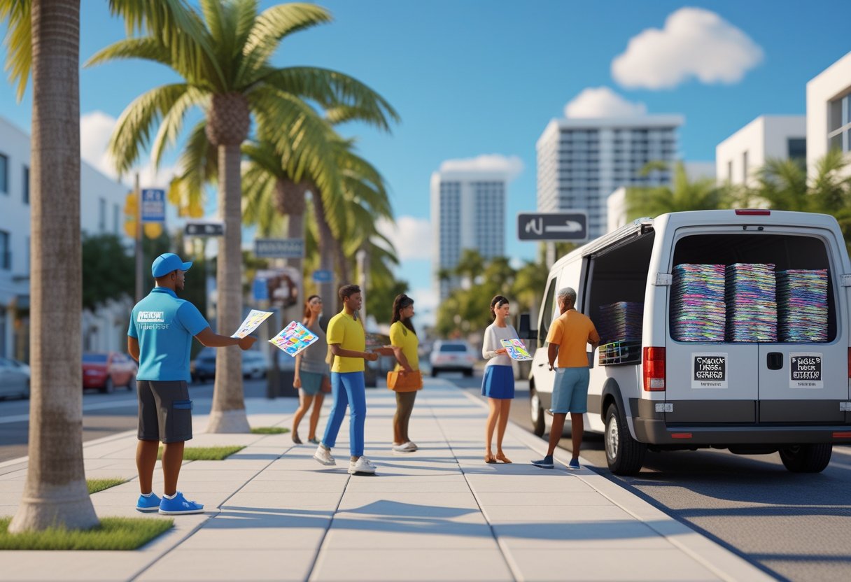 A delivery person hands out flyers to pedestrians on a sunny Tampa street with palm trees and buildings nearby.