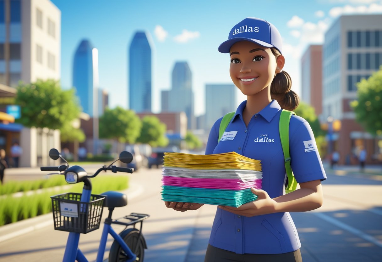 A delivery person standing on a sunny city street holding flyers, with Dallas buildings in the background and a delivery scooter nearby.