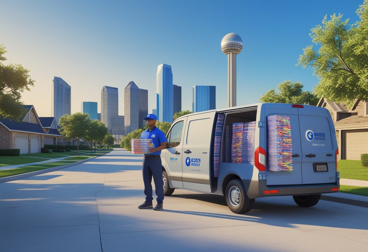 A delivery person holding flyers next to a van with the Dallas city skyline and residential houses in the background.