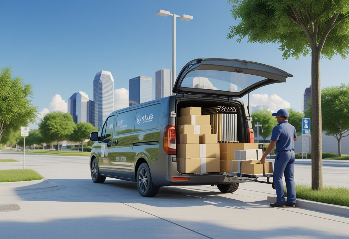 A delivery van parked on a city street in Dallas with a delivery person handling various packages including boxes, metal pipes, wooden planks, and blueprints.