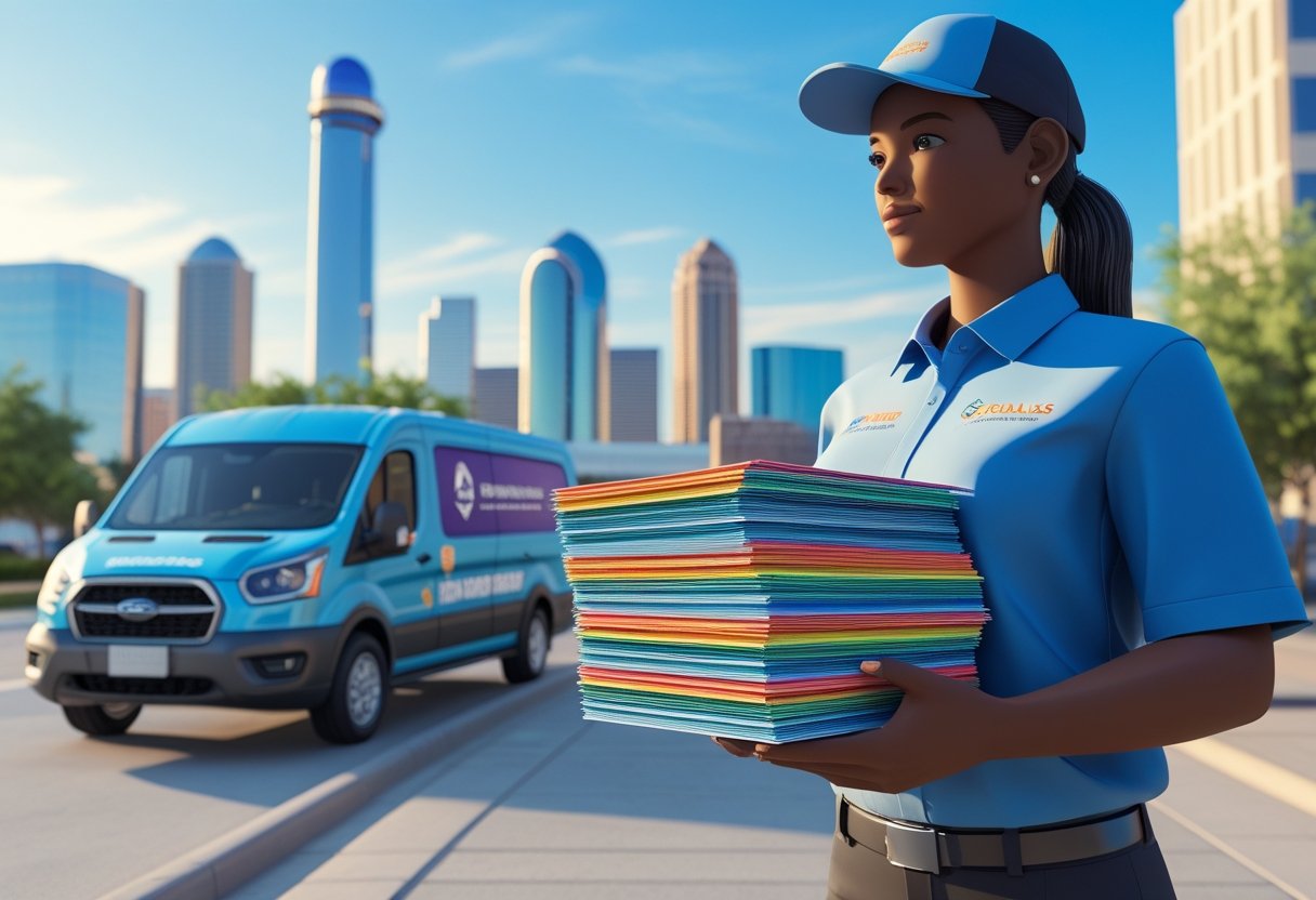 A delivery person carrying colorful flyers near a parked van with the Dallas skyline in the background.