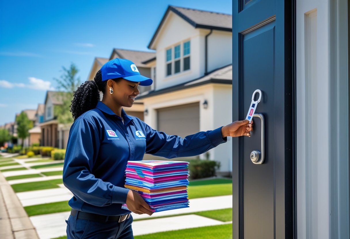 A delivery person placing a door hanger on the front door handle of a suburban house on a sunny day.