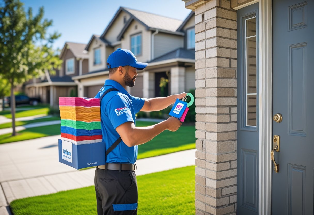 A delivery person placing a door hanger on a front door handle in a suburban neighborhood with houses and green lawns.