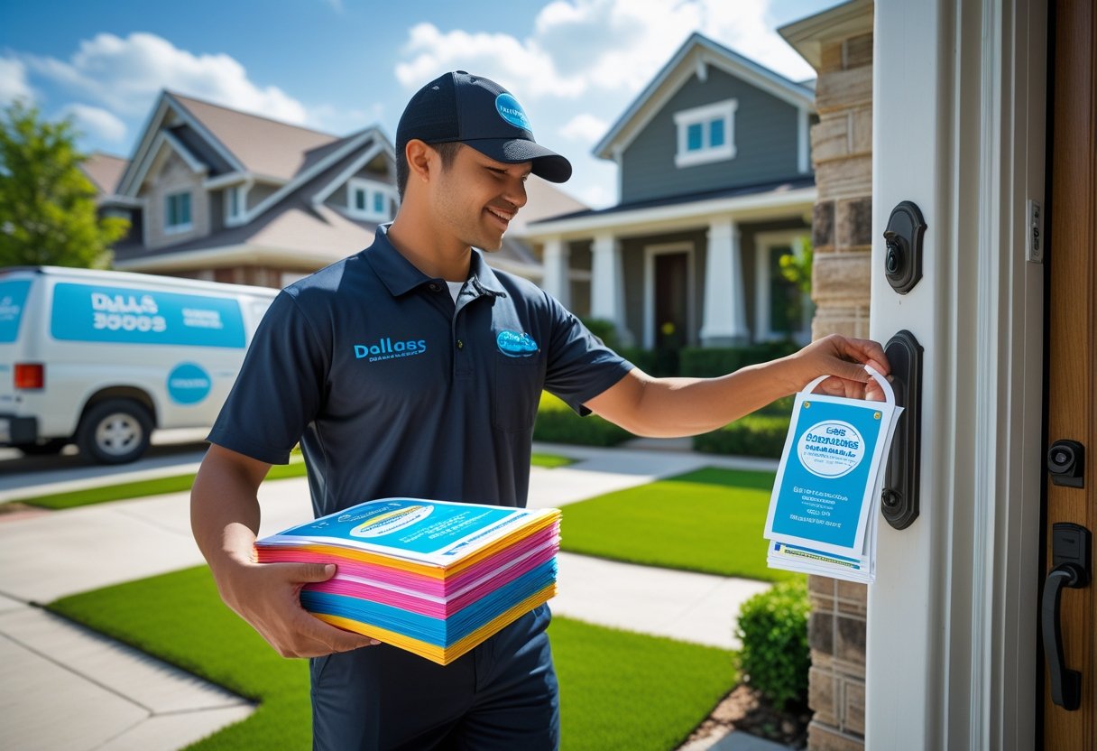A delivery person placing a door hanger on a front door handle in a residential neighborhood with houses and a parked delivery van.