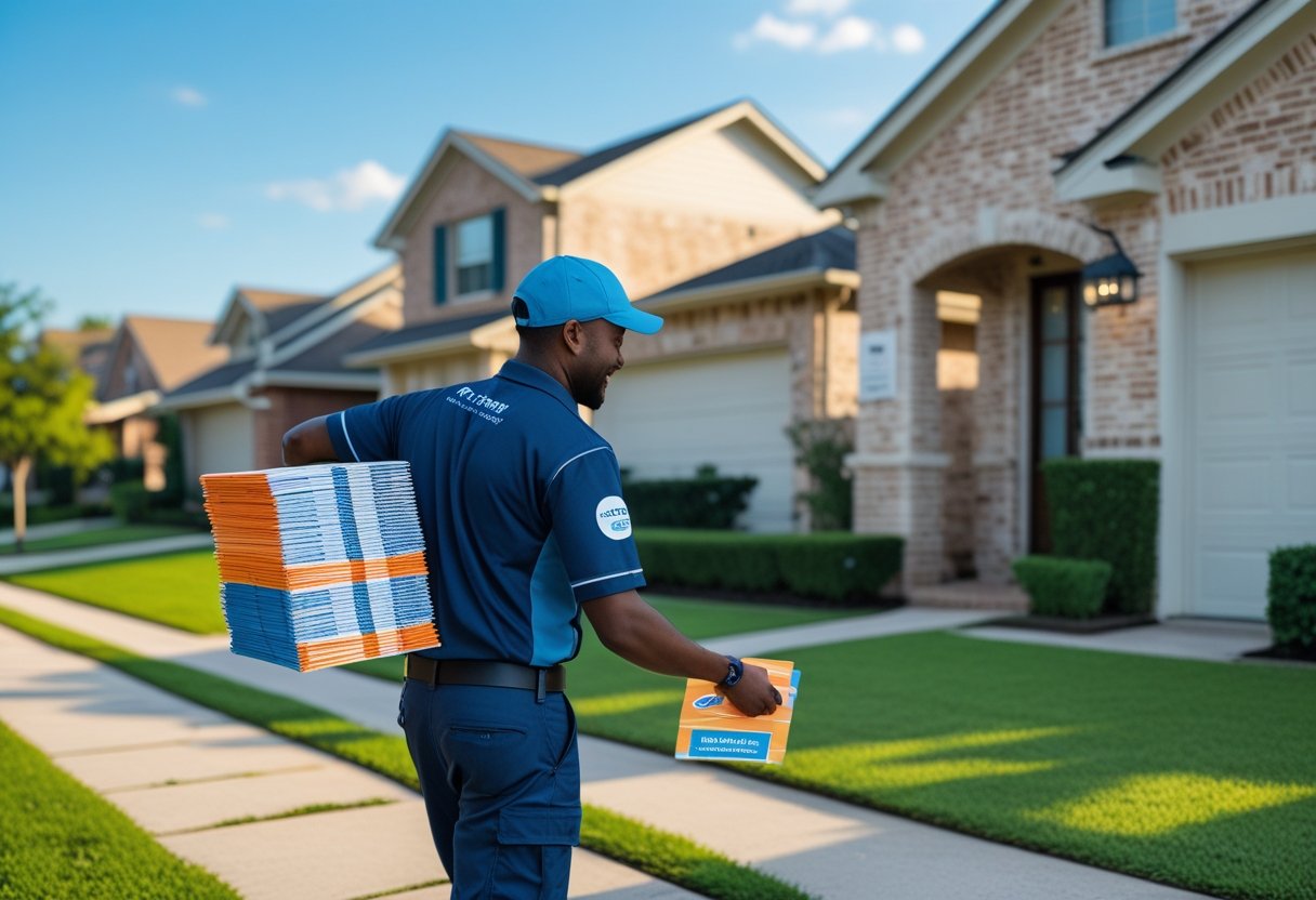 A delivery person placing a door hanger on a front door in a suburban neighborhood.