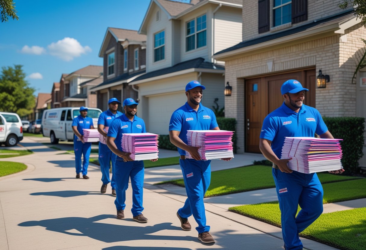 Delivery workers handing out door hangers on residential streets in Houston with houses and vehicles nearby.