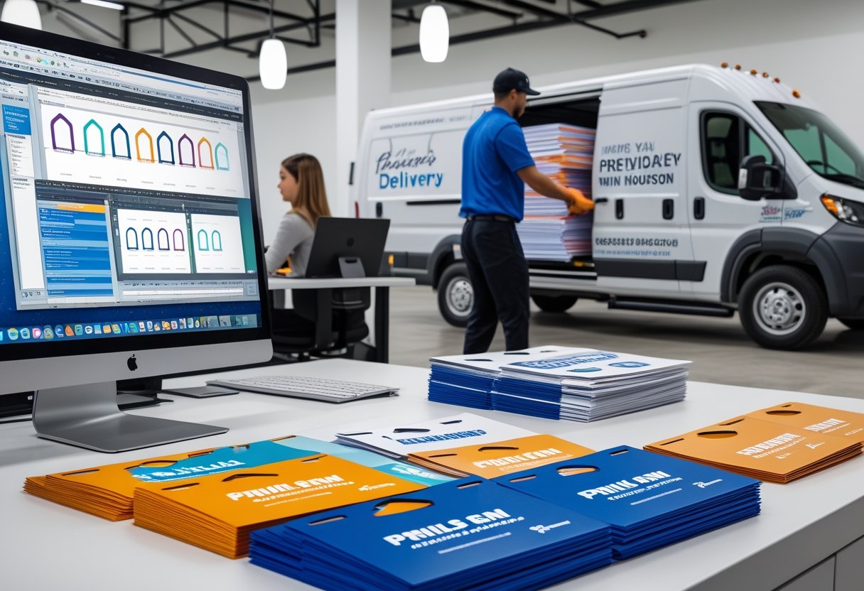 A designer creating door hanger prints at a desk with a printer and a delivery person loading door hangers into a van.