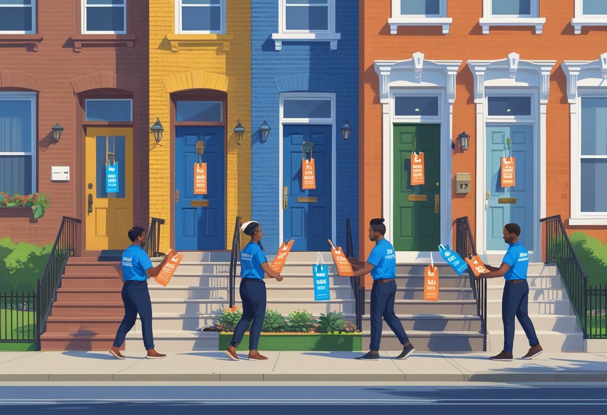 People delivering door hangers to homes in a Chicago neighborhood with city buildings in the background.
