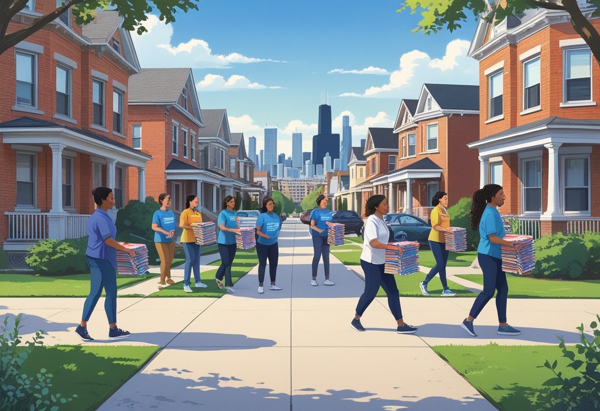 People handing out door hangers on front doors in a Chicago neighborhood with houses and the city skyline in the background.