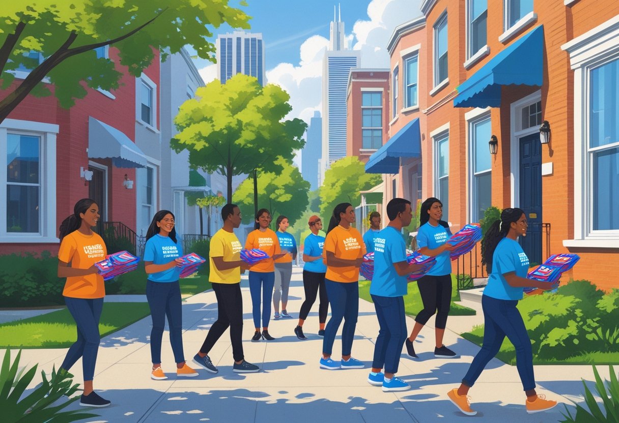 Volunteers placing door hangers on residential doors in a Chicago neighborhood with city buildings in the background.