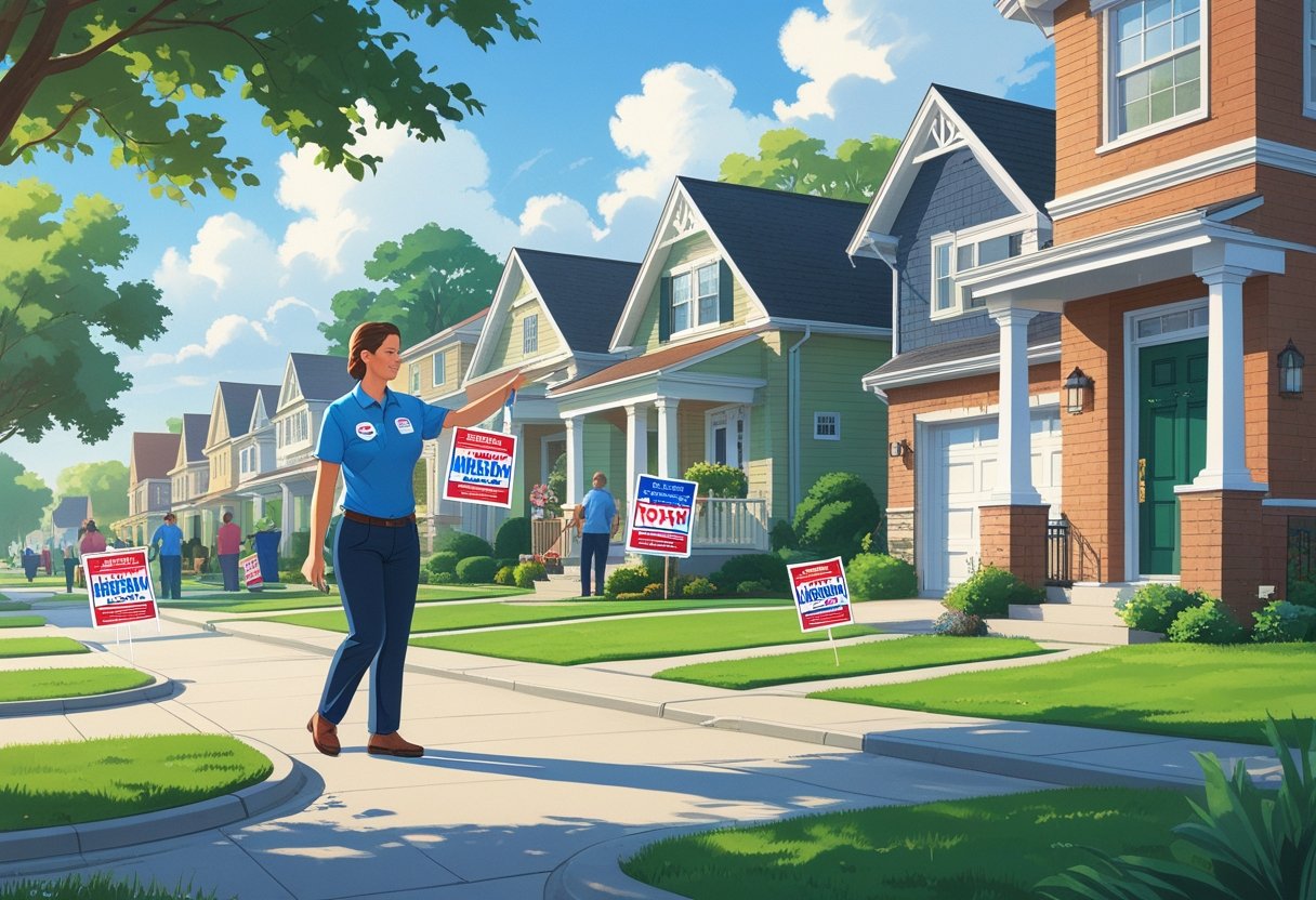A campaign volunteer placing door hangers on front doors in a suburban neighborhood with houses and lawns, while community members discuss politics nearby.