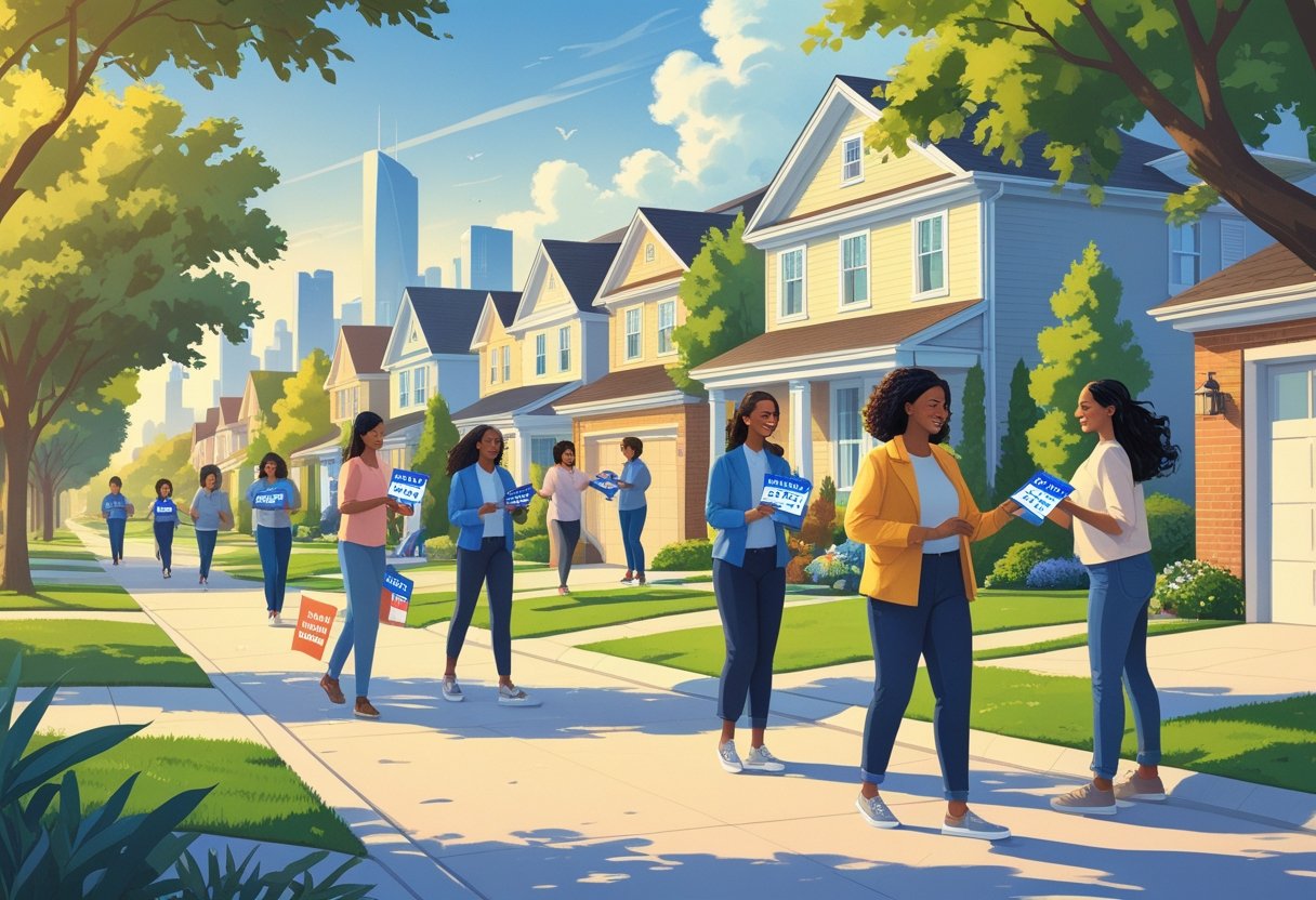 People distributing campaign door hangers in a neighborhood with houses and trees during a political campaign.