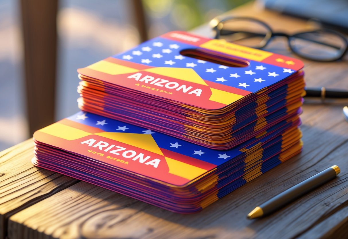 A stack of colorful political door hangers on a wooden table with campaign items around them.