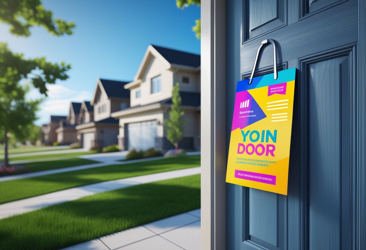 A front door in a suburban neighborhood with a colorful door hanger on the handle and trees and lawns in the background.