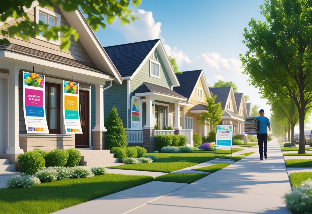 A neighborhood street with houses featuring door hangers on the doors and a person delivering flyers along the sidewalk.