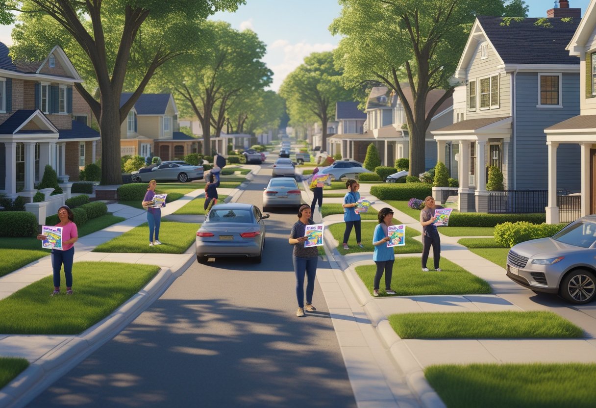 People distributing flyers door-to-door in a suburban Long Island neighborhood with houses, trees, and parked cars on a sunny day.