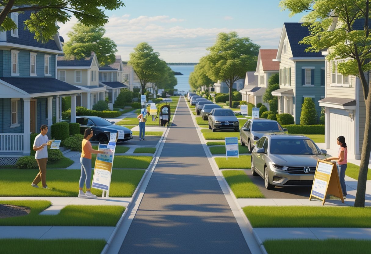 A suburban neighborhood in Long Island with people distributing flyers on sidewalks and cars, surrounded by houses, trees, and a distant view of water.