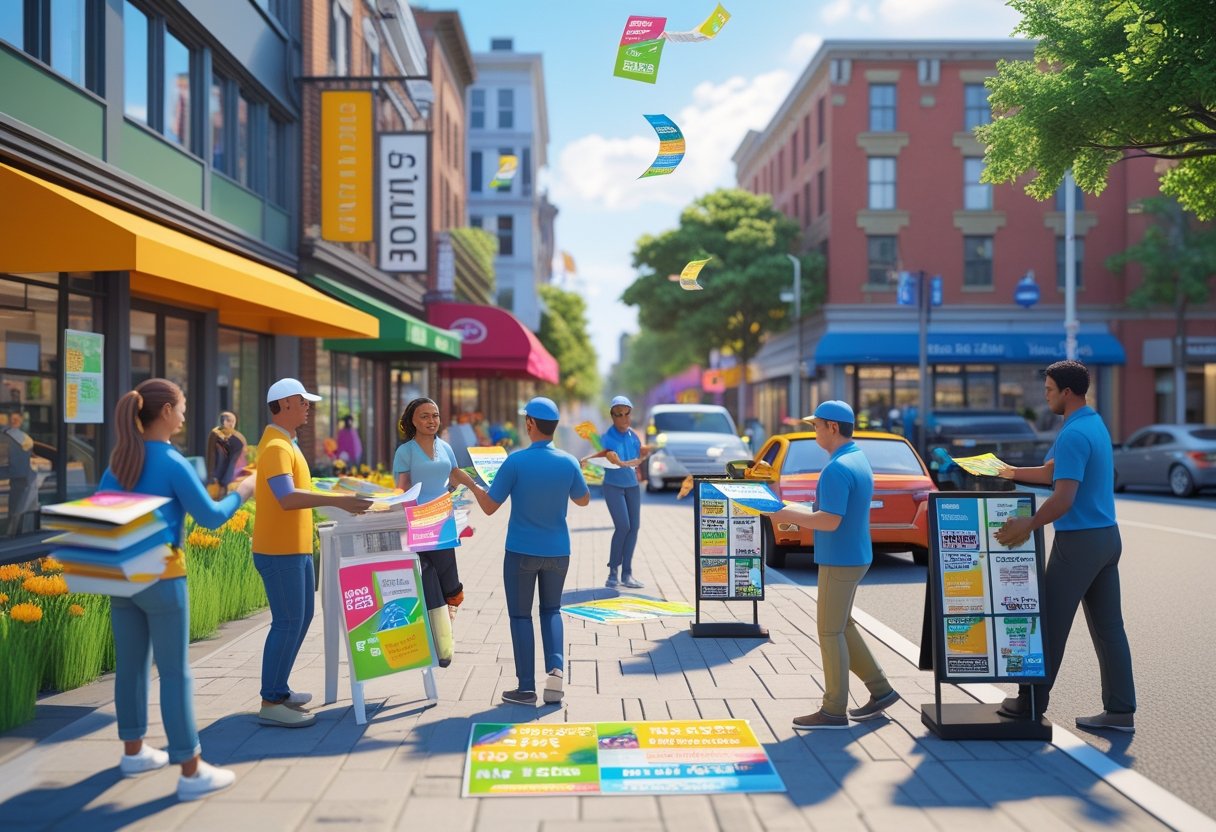 A busy city street in Long Island with people distributing flyers to pedestrians near shops and bus stops.