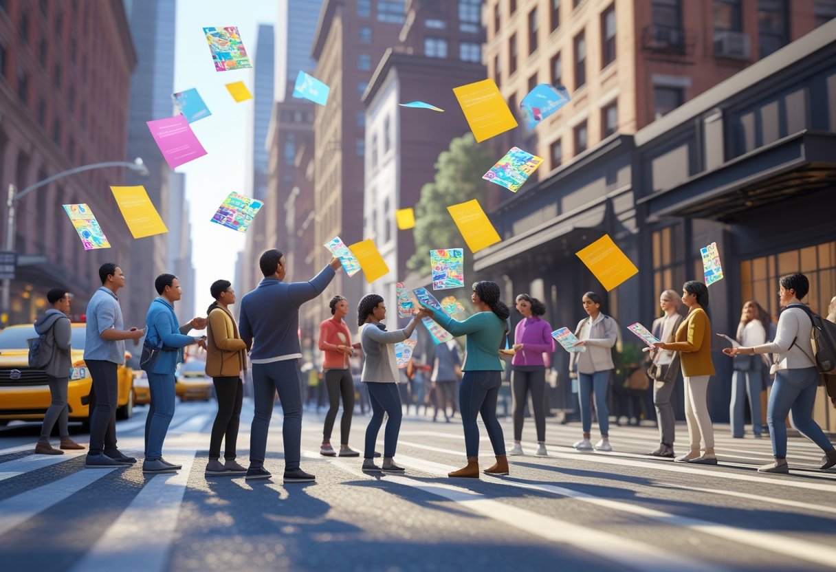 A busy New York City street where people are handing out flyers to passersby amidst tall buildings and yellow taxis.