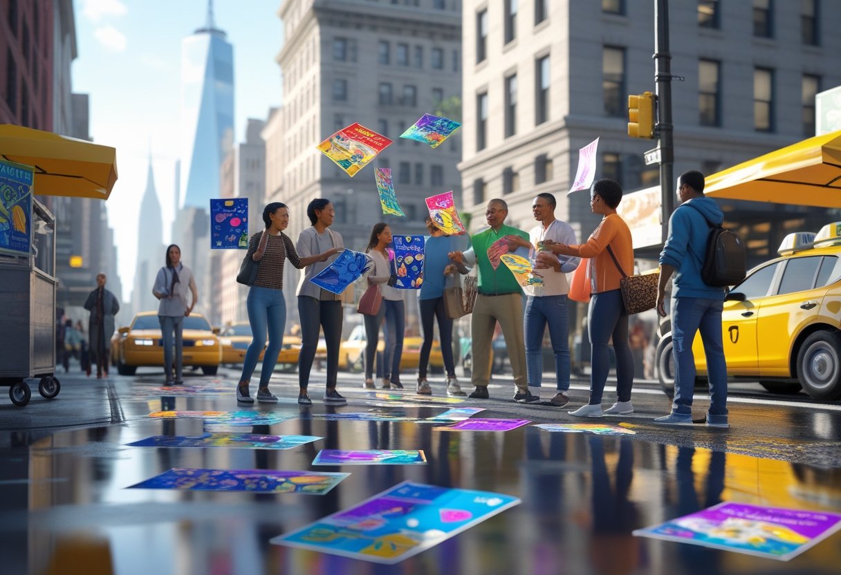 A busy New York City street where people are handing out colorful flyers to pedestrians near tall buildings and yellow taxis.