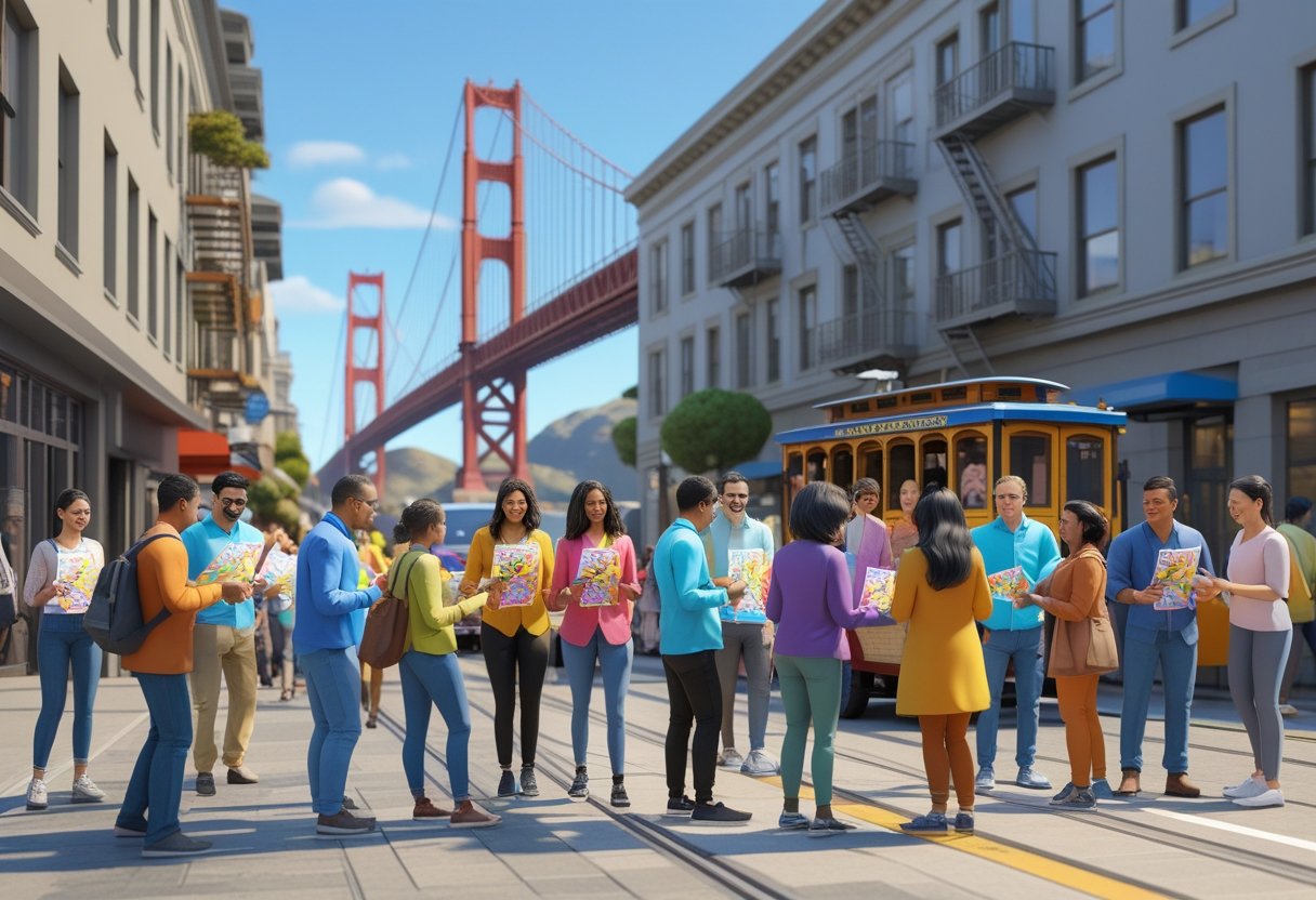 People handing out flyers on a busy San Francisco street with the Golden Gate Bridge and cable cars in the background.