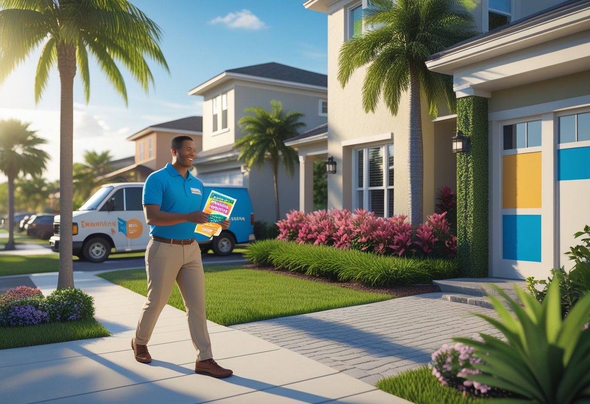 A person delivering flyers to a house in a sunny suburban neighborhood with palm trees and a parked van nearby.