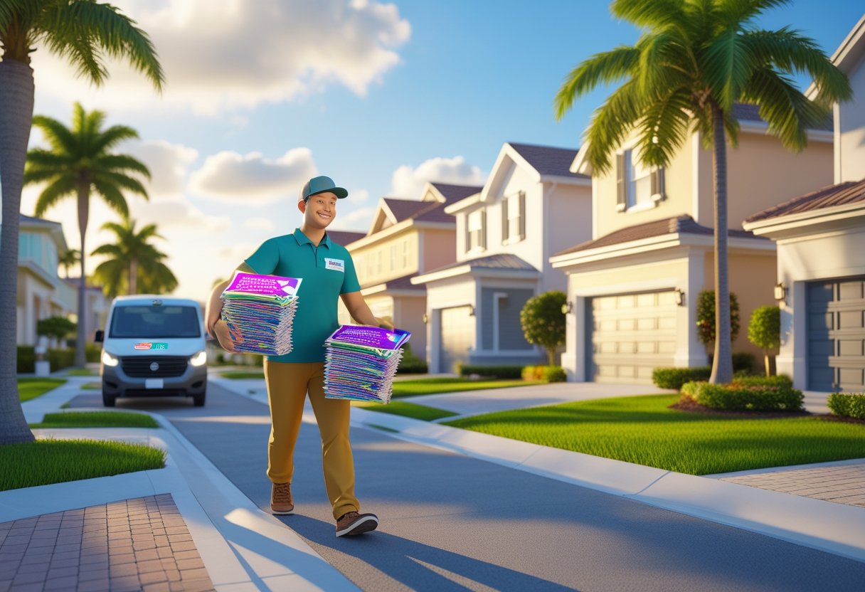 A person delivering flyers to houses in a sunny neighborhood with palm trees and parked delivery van nearby.