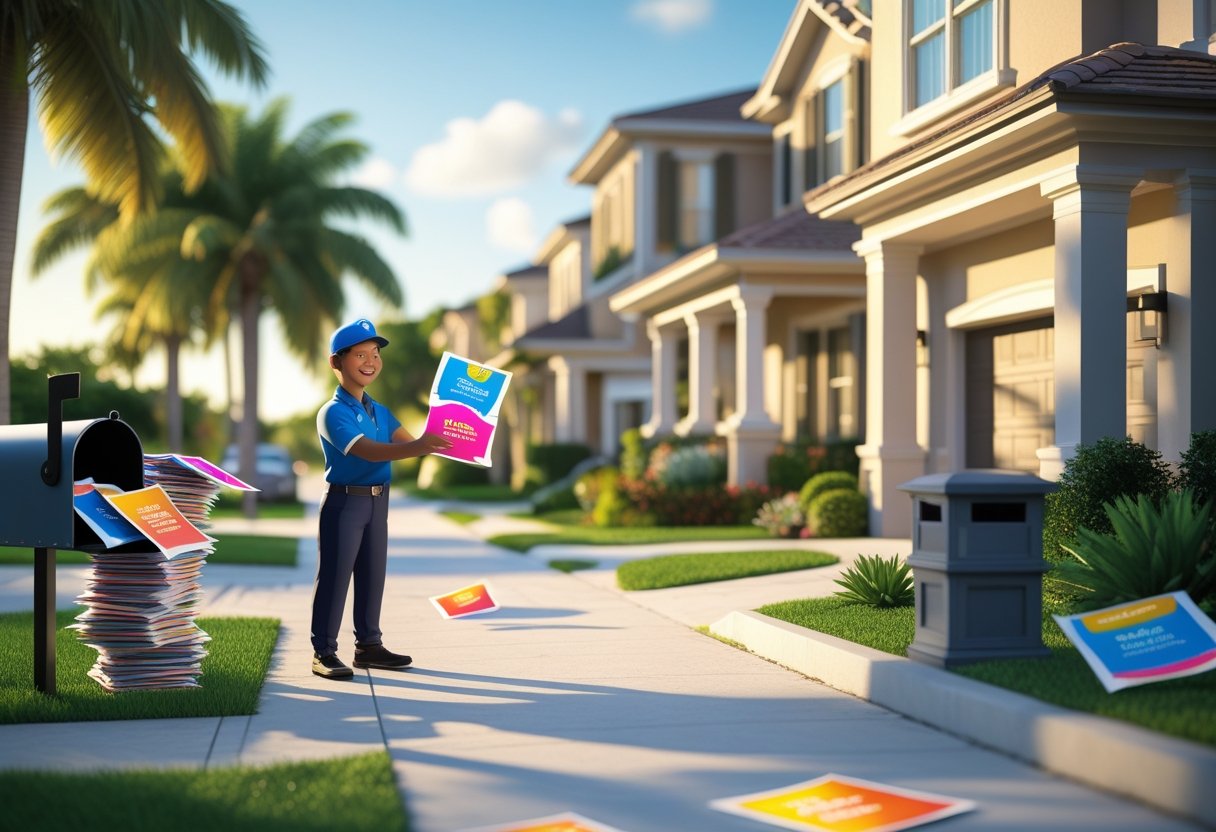 A delivery person handing out election flyers to a resident in a sunny suburban neighborhood with houses and greenery.