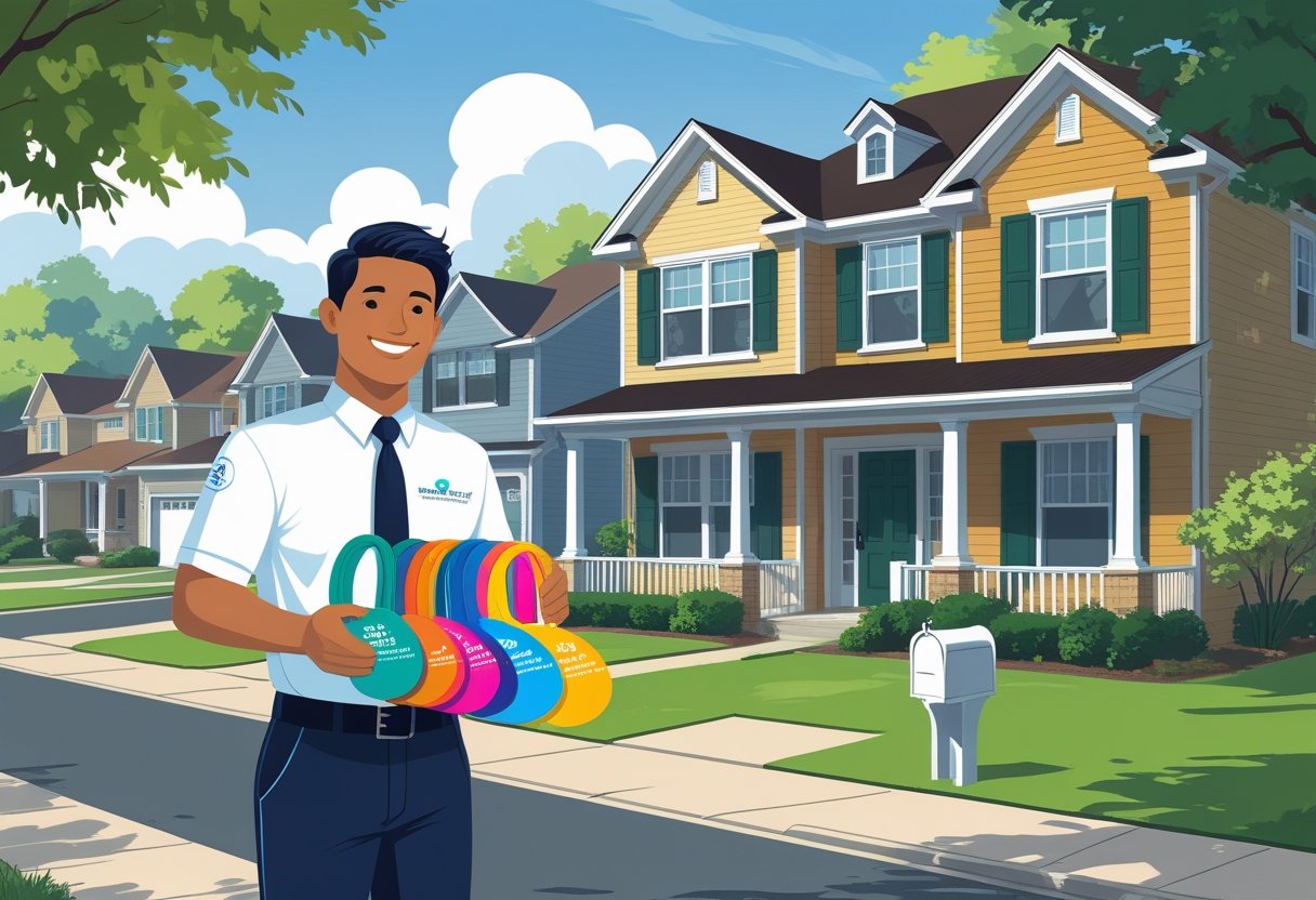 A marketing representative delivering door hangers to houses in a suburban neighborhood.