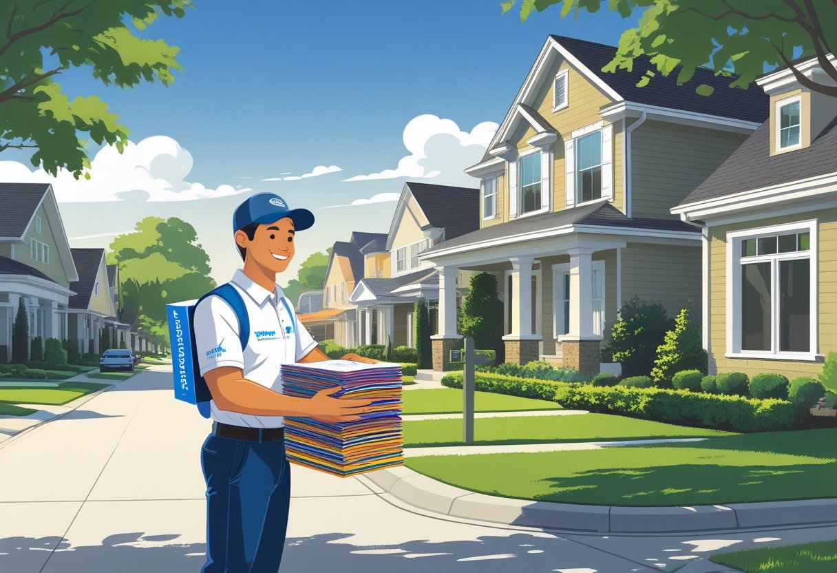 A delivery person placing a door hanger on a front door handle in a suburban neighborhood.