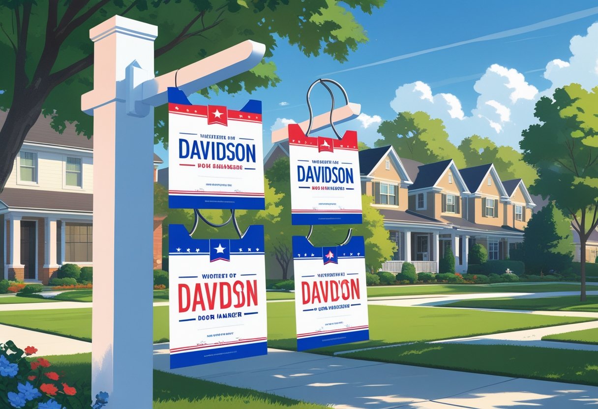 A front door with several colorful political door hangers hanging from the handle in a suburban neighborhood.