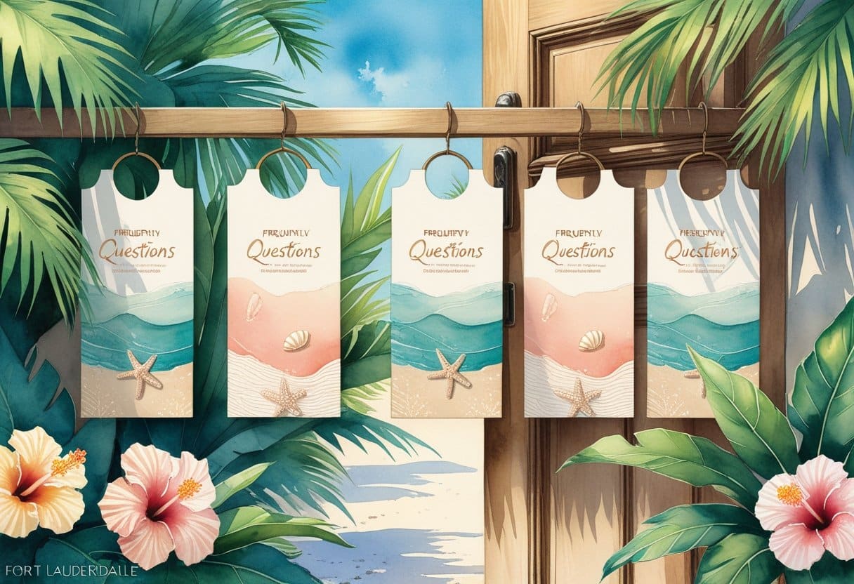 A close-up of door hangers on a wooden door surrounded by palm leaves and colorful tropical flowers with a bright sky in the background.