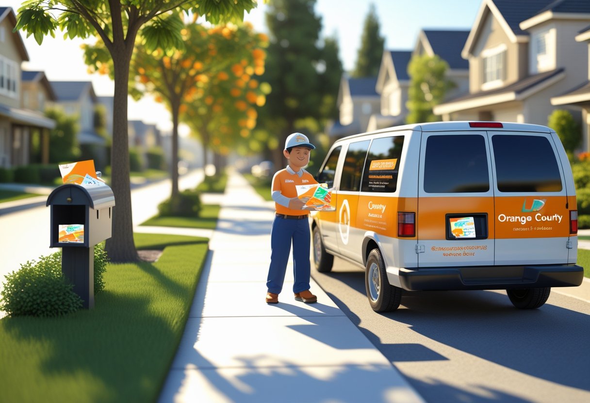 A delivery person placing flyers into mailboxes on a sunny suburban street with orange trees and houses, next to a parked delivery van.