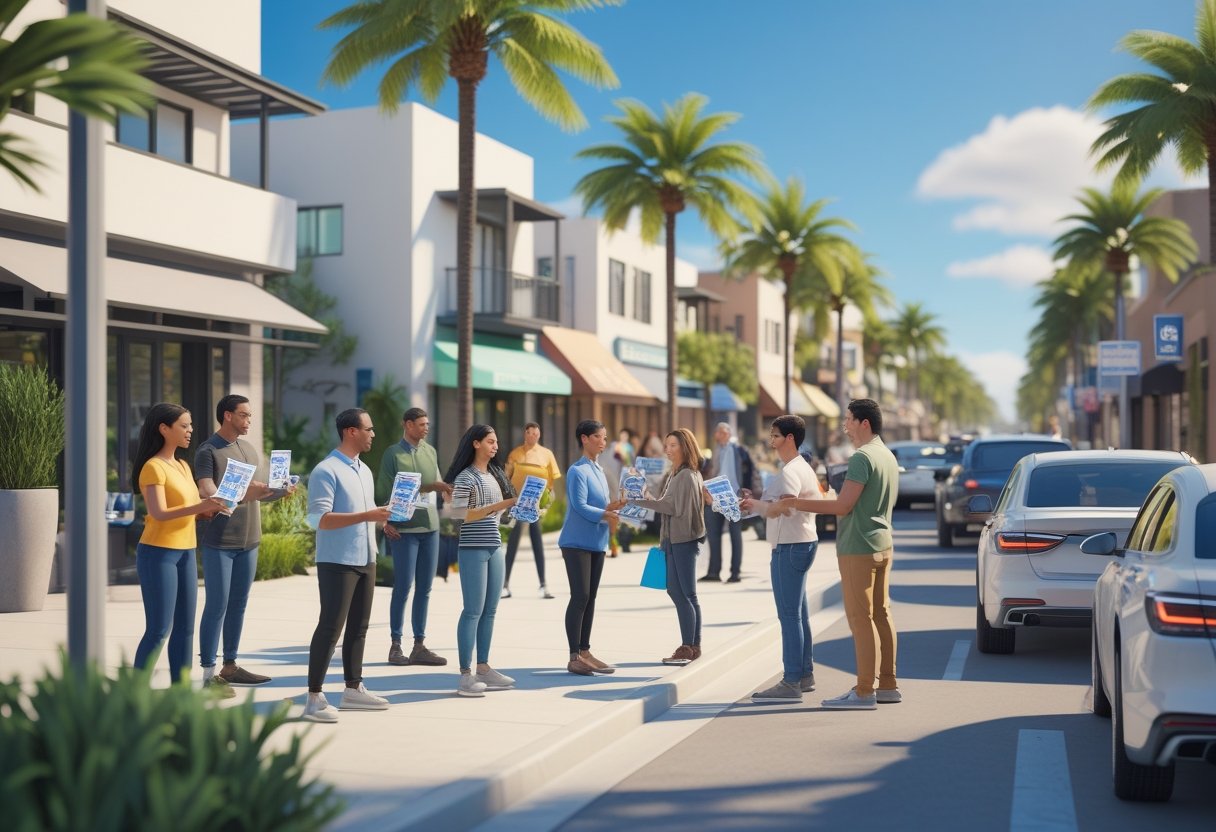 People handing out flyers to passersby on a sunny street in an Orange County neighborhood with buildings and palm trees.