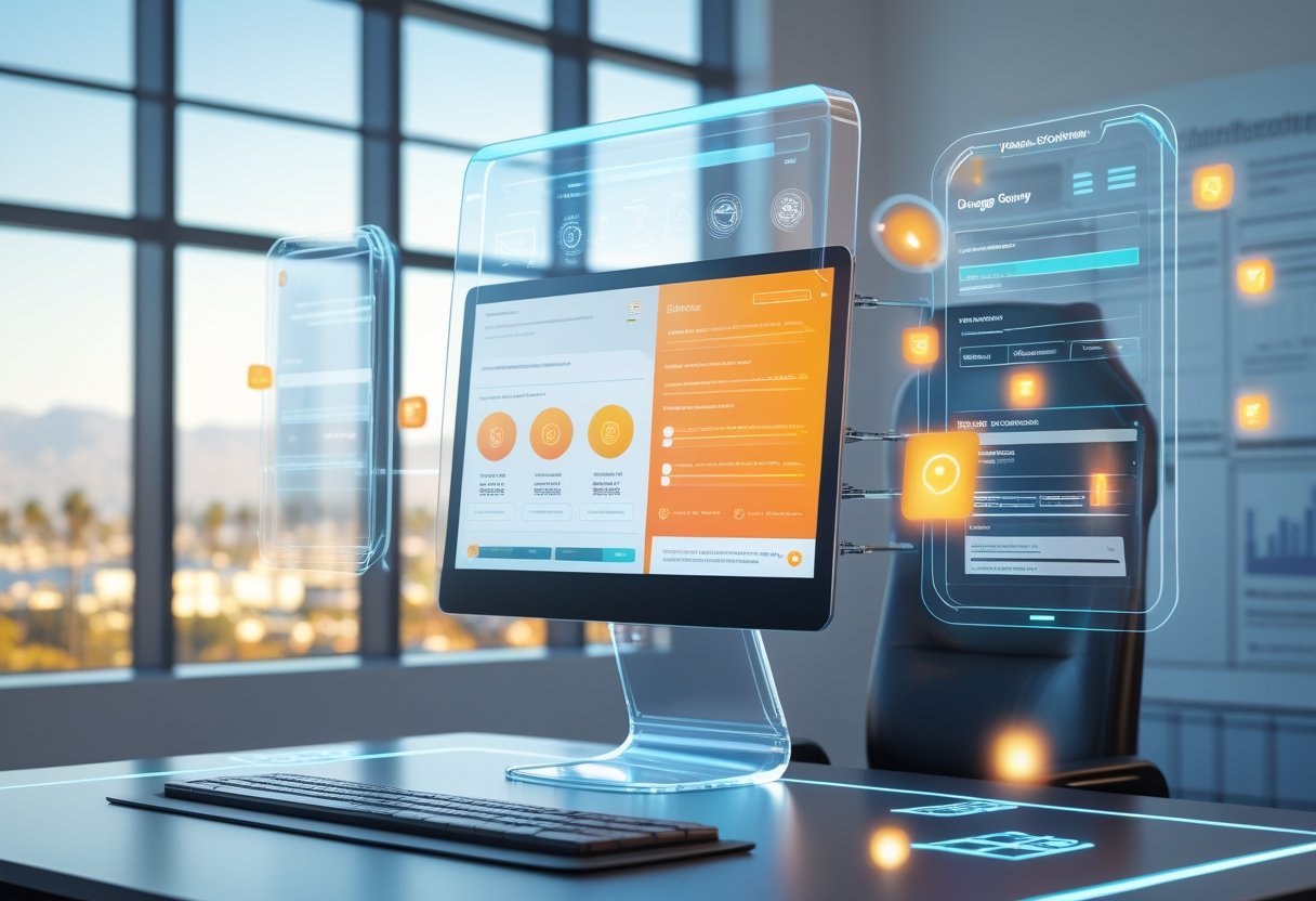 A futuristic office with holographic screens showing data and maps above a desk, overlooking a sunny cityscape.