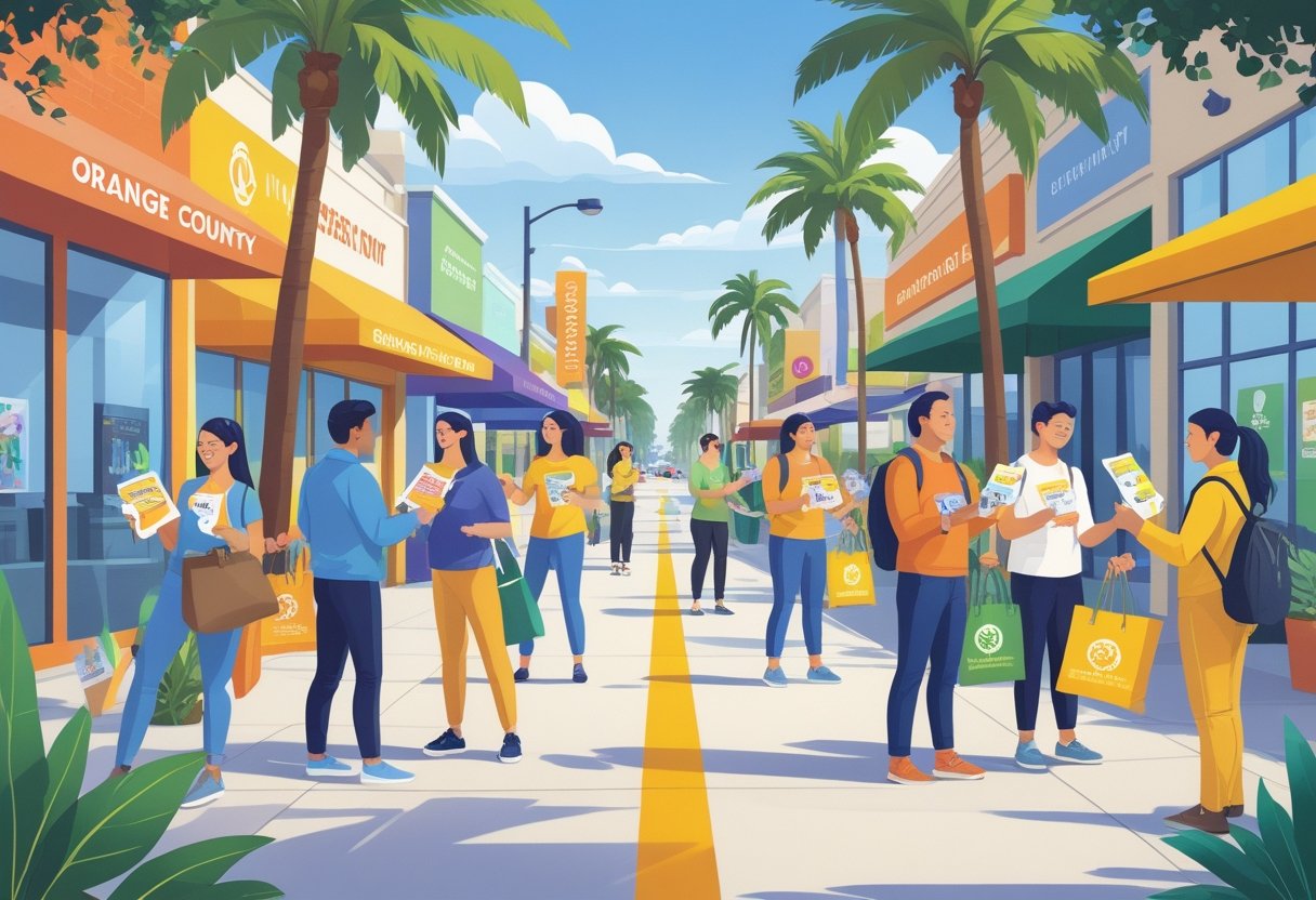 People distributing flyers in various outdoor locations around Orange County, including a shopping area, park, and street corner, with palm trees and sunny weather.
