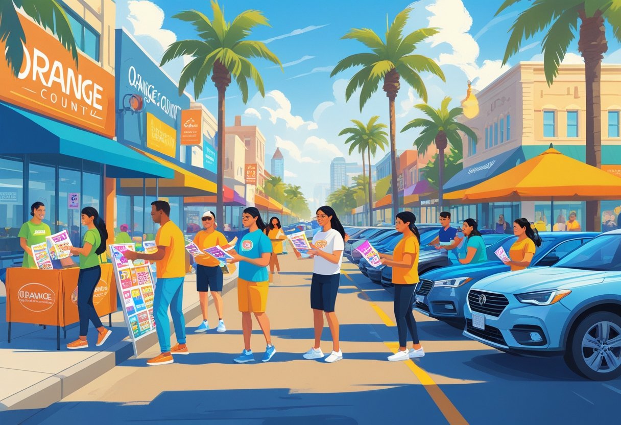 People distributing flyers in a busy outdoor Orange County setting with palm trees and landmarks in the background.