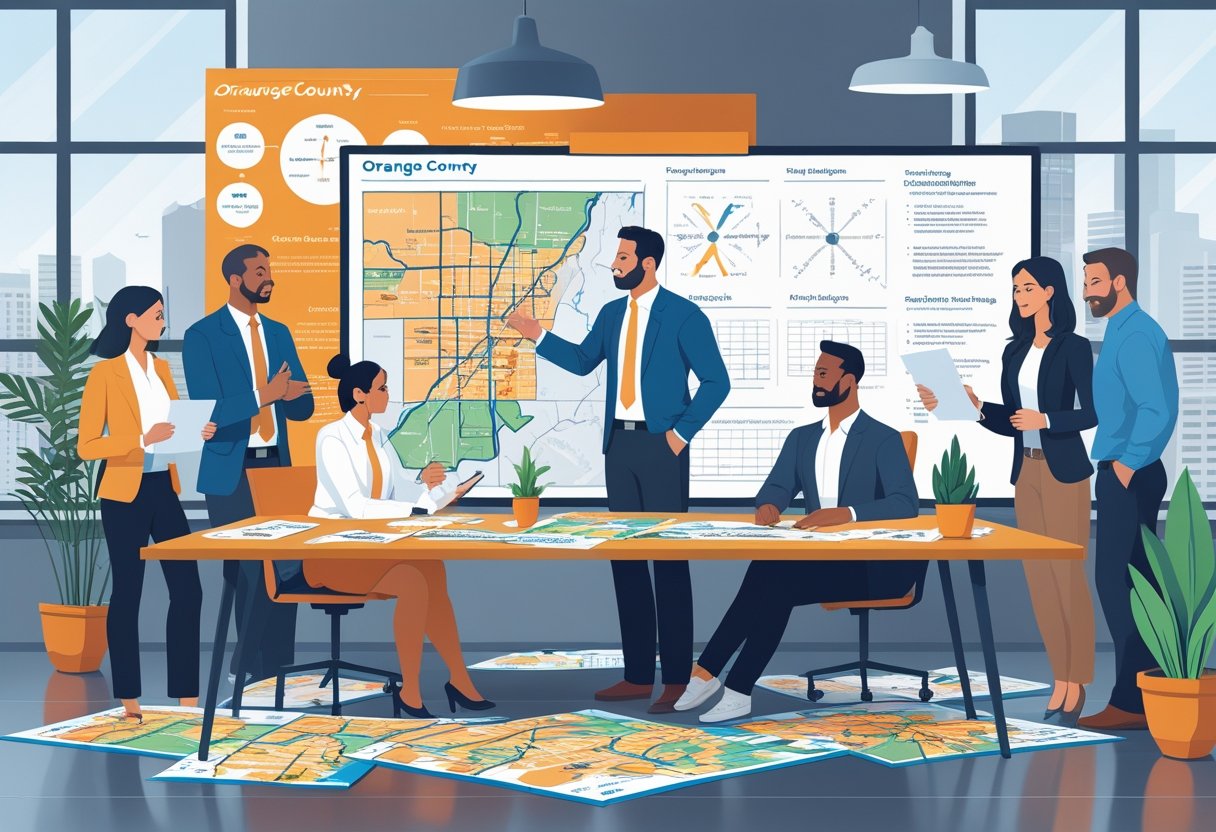 A group of marketing professionals planning flyer distribution around a table with maps and charts in a modern office.