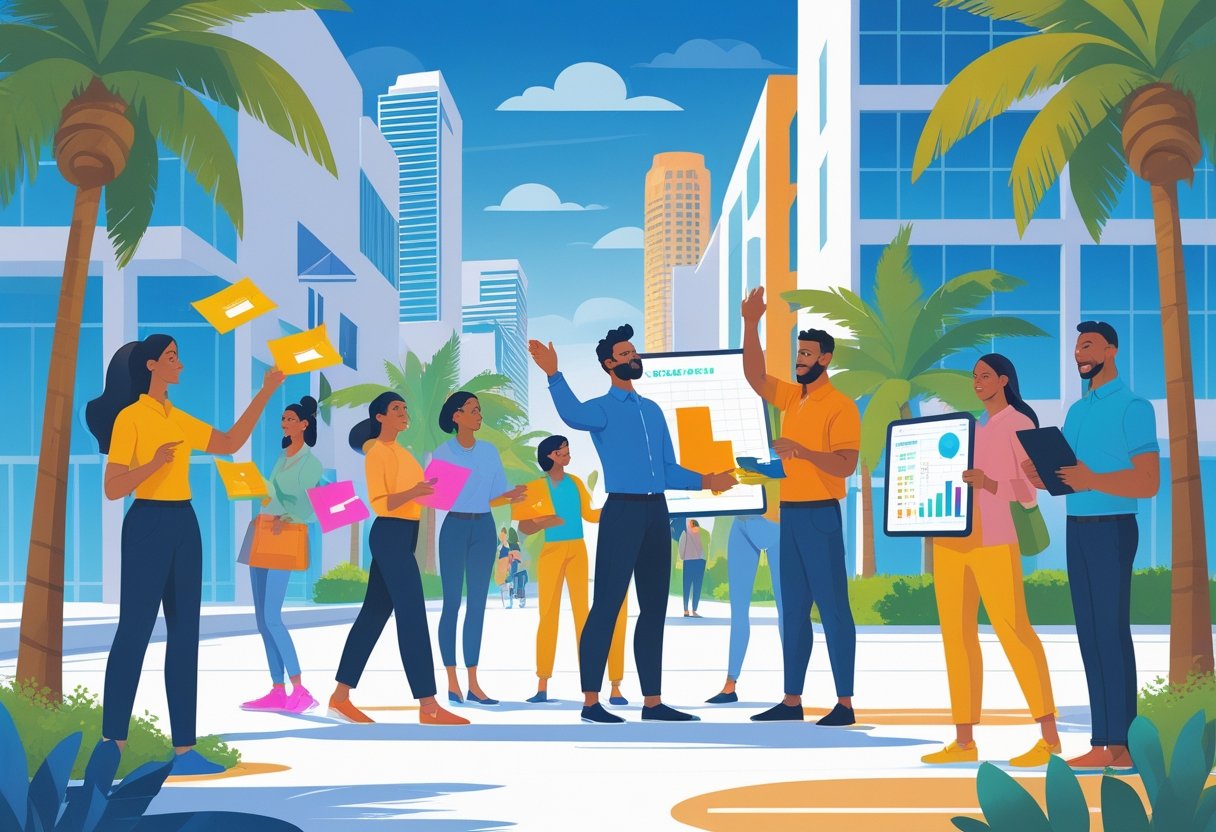 A group of people distributing flyers and discussing marketing plans outdoors in an urban area with palm trees and buildings.