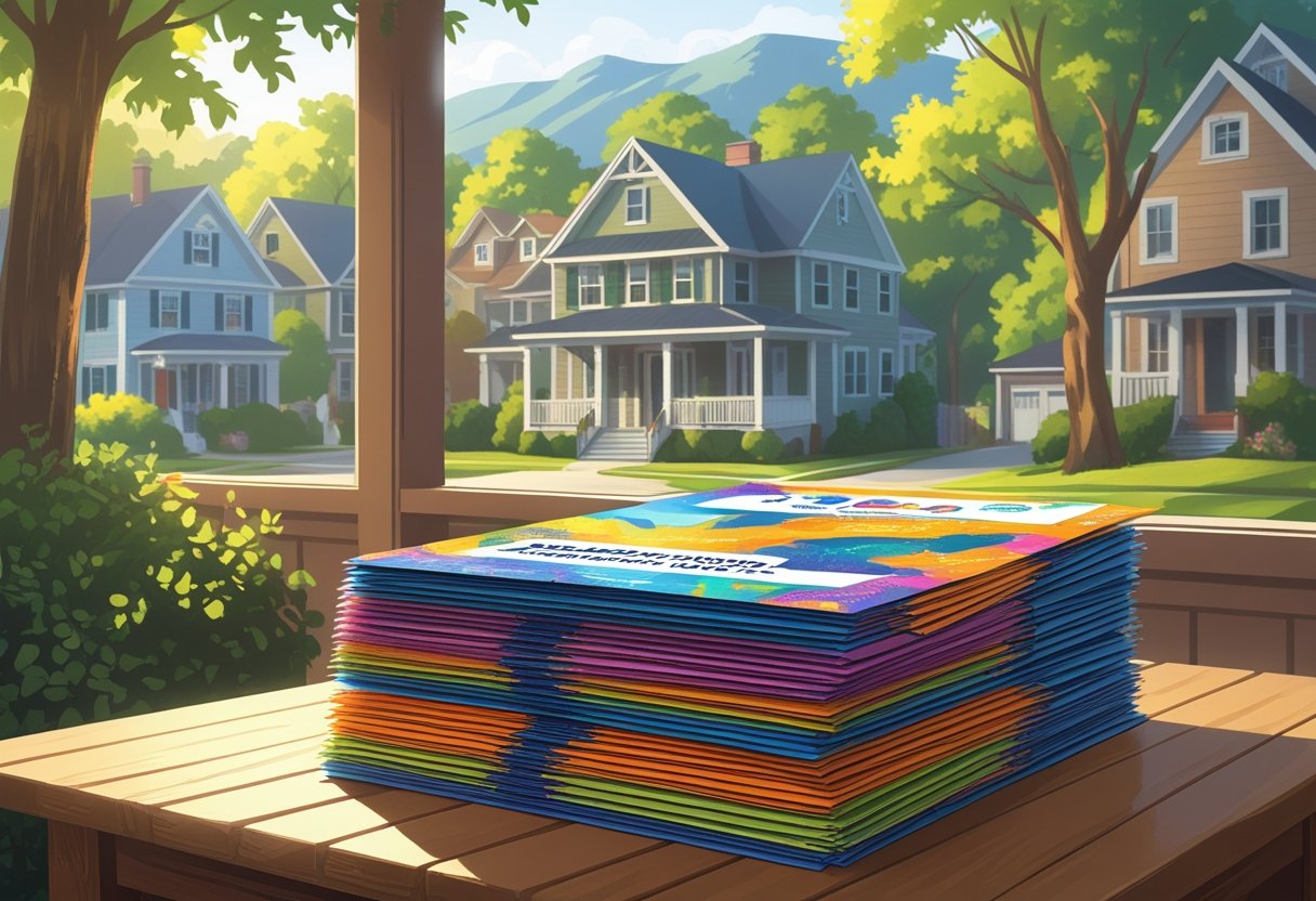 A stack of colorful door hangers on a wooden table with houses and trees visible outside a window in a residential neighborhood.